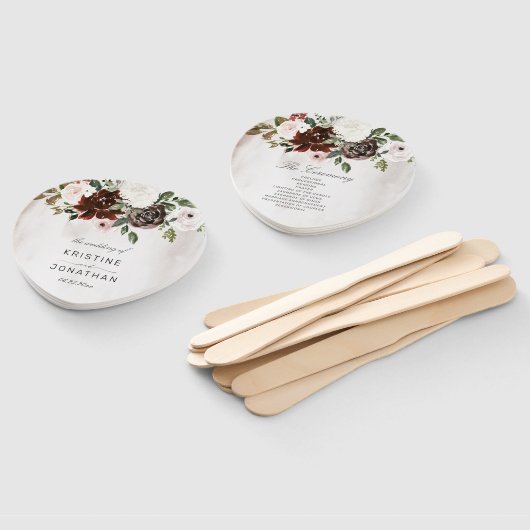 ボホブルガンディピンクローズフローラ結婚式 プログラム ハンドファン (組立なし)