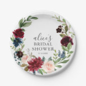 ボホブルガンディブルーフローラスクリプトブライダルシャワー ペーパープレート (正面)
