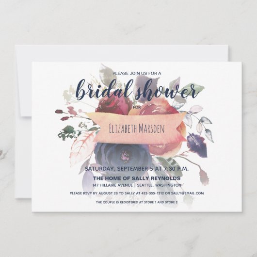 ボホブルグンディネイビーバラ金ゴールドフローラブライダルシャワー 招待状 (正面)