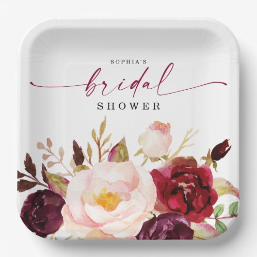 ボホブルグンディフローラブライダルシャワー紙プレート ペーパープレート (正面)