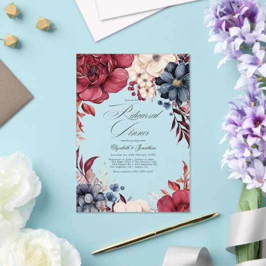 ボホブルゴーニュとネイビーフローラリハーサルディナー アクリル招待状 (インサイチュ (ウェディング))