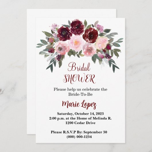 ボホブルゴーニュと赤面フローラブライダルシャワー 招待状 (正面/裏面)