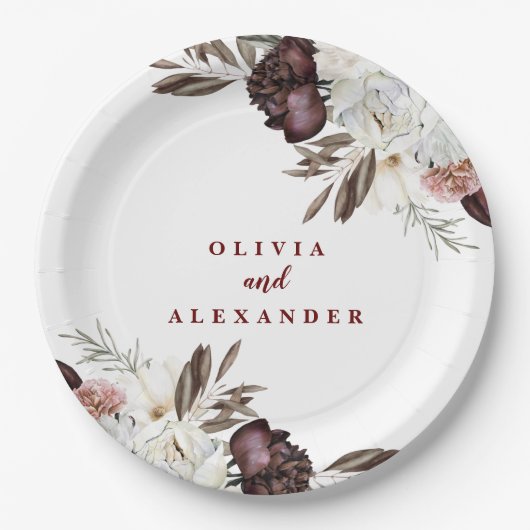 ボホブルゴーニュバラ秋フローラ結婚ズラベル ペーパープレート (正面)