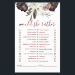 ボホブルゴーニュバラ秋ブライダルシャワーゲームフライヤー チラシ<br><div class="desc">花嫁の最高のブライダルを知って"彼女はむしろ"シャワーゲーム。秋ボホブルゴーニュバラデザイン。</div>