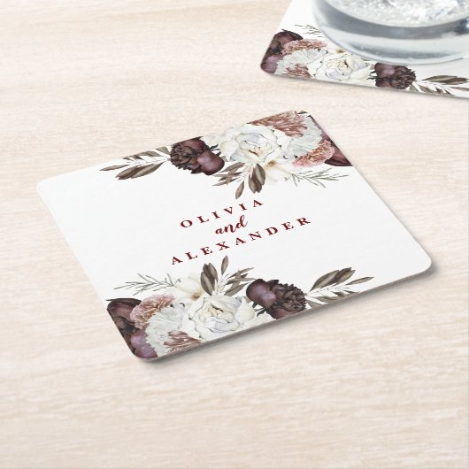 ボホブルゴーニュバラ秋結婚フローラナプキンス スクエアペーパーコースター (アングル)