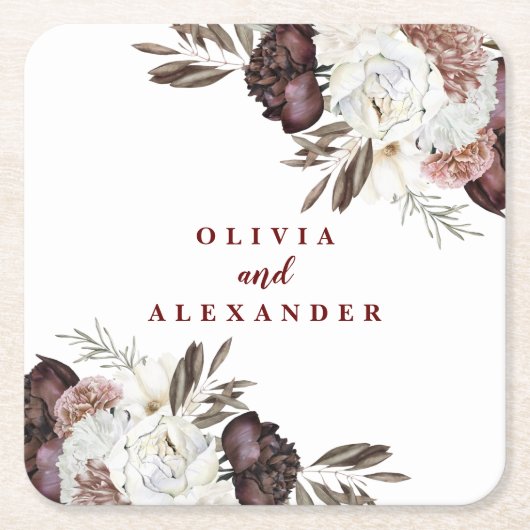 ボホブルゴーニュバラ秋結婚フローラナプキンス スクエアペーパーコースター (正面)