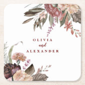 ボホブルゴーニュバラ秋結婚フローラ スクエアペーパーコースター (正面)