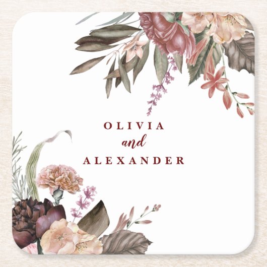 ボホブルゴーニュバラ秋結婚フローラ スクエアペーパーコースター (正面)