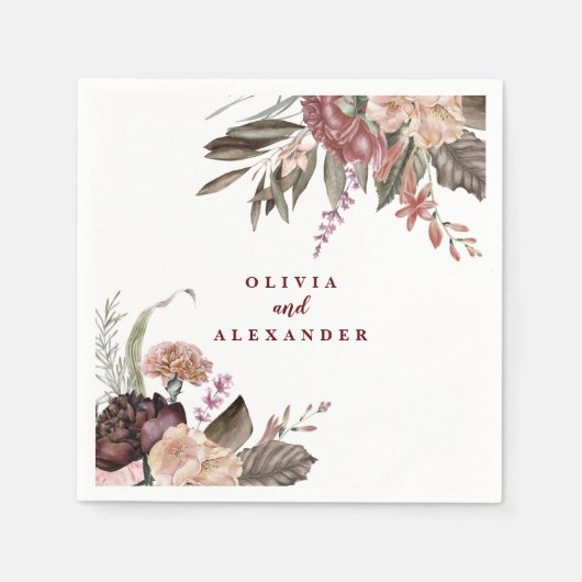 ボホブルゴーニュバラ秋結婚フローラ スタンダードカクテルナプキン (正面)