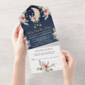 ボホブルゴーニュフローラスターズムーンネイビー赤ちゃんシャワー オールインワン招待状 (貼ってはがせる)