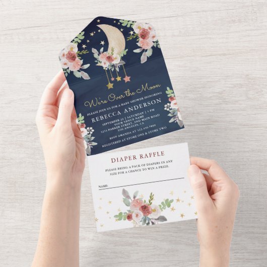 ボホブルゴーニュフローラスターズムーンネイビー赤ちゃんシャワー オールインワン招待状 (貼ってはがせる)