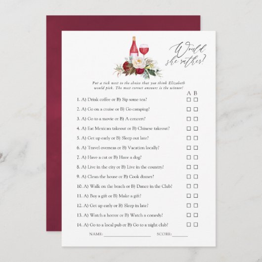 ボホブルゴーニュフローラワインテイスティングブライダルシャワー 招待状 (正面/裏面)