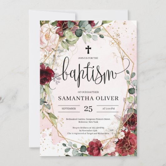 ボホブルゴーニュフローラ金ゴールド幾何学洗礼 招待状 (正面)