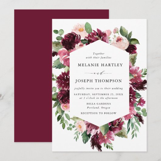 ボホブルゴーニュ&赤面ウォーターカラー結婚フローラ 招待状 (正面/裏面)