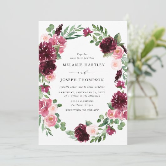 ボホブルゴーニュ&赤面ウォーターカラー結婚フローラ 招待状 (スタンド正面)