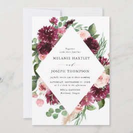 ボホブルゴーニュ&赤面ウォーターカラー結婚フローラ 招待状