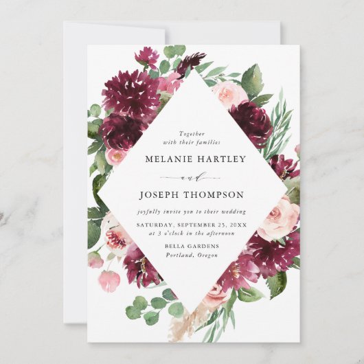 ボホブルゴーニュ&赤面ウォーターカラー結婚フローラ 招待状 (正面)