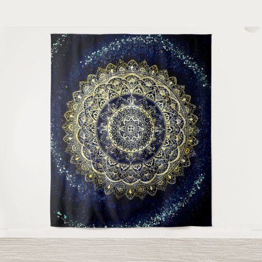 ボホブルーとイエローヨガマンダラつるウォール タペストリー (正面)