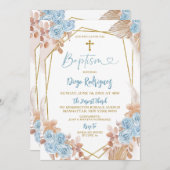 ボホブルーと金ゴールドフローラバプテスマ招待状 招待状 (正面/裏面)