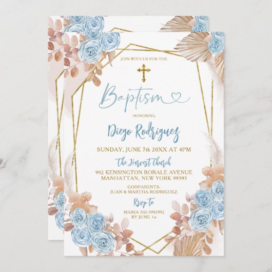 ボホブルーと金ゴールドフローラバプテスマ招待状 招待状 (正面/裏面)