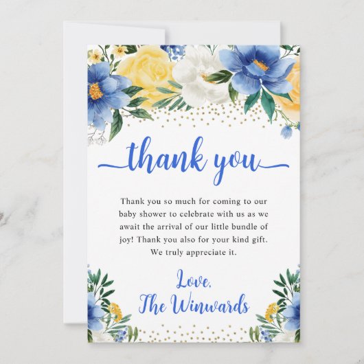 ボホブルーと黄色の夏の花ベビーシャワー サンキューカード (正面)