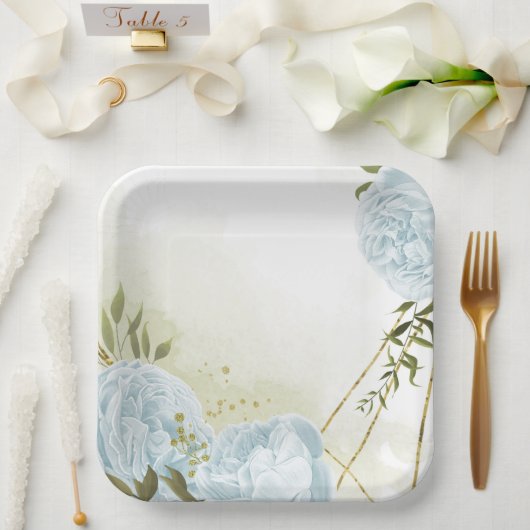 ボホブルーの花は緑の葉植物植物 ペーパープレート (ウェディング)