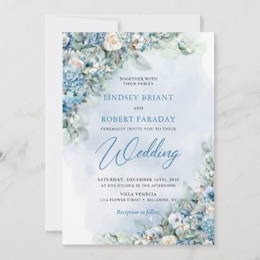 ボホブルーアジサイとクリームバラユーカリ 招待状 (正面)