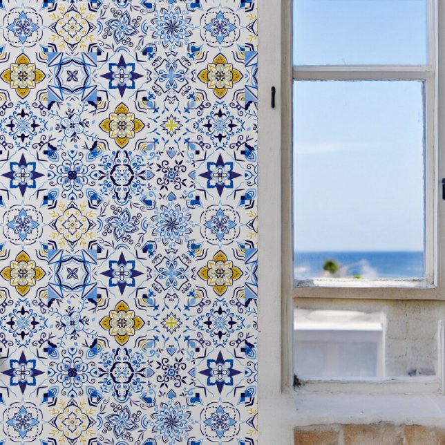 ボホブルーイエロー地中海のスタイルパターン 壁紙 (Boho Blue Yellow Mediterranean Style Pattern Wallpaper)
