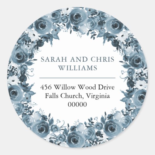 ボホブルーウォーターカラーフローラリース差出人住所 ラウンドシール (正面)