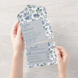 ボホブルーウォーターカラーフローラルパター結婚ン オールインワン招待状