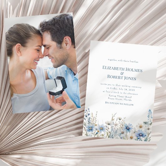 ボホブルーウォーターカラーワイルドフラワー&フォト結婚ズ 招待状