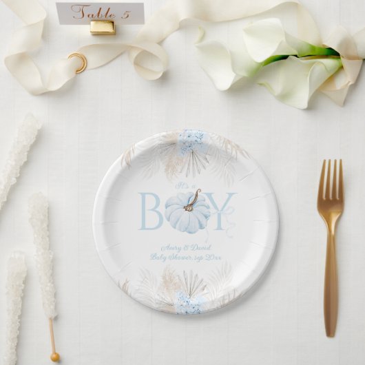 ボホブルーカボチャ男の子秋の赤ちゃんシャワー ペーパープレート (ウェディング)