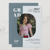 ボホブルーグレイはっきりしたタイポグラフィ写真卒業 招待状 (正面/裏面)