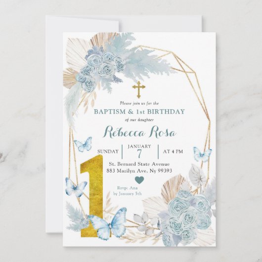 ボホブルーバタフライバプテスムアンドファースト誕生日 招待状 (正面)