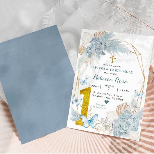 ボホブルーバタフライバプテスムアンドファースト誕生日 招待状