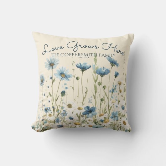 ボホブルーパーソナライズされたワイルドフラワー、デイジーファミリー クッション (正面)