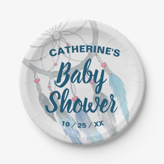 ボホブルーフェザードリームキャッチャー赤ちゃんシャワー ペーパープレート (正面)