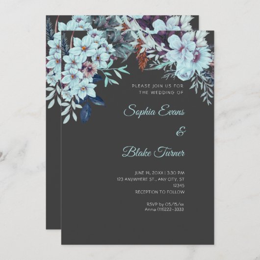 ボホブルーフローラウィンターシャドーグレー結婚ズ 招待状 (正面/裏面)