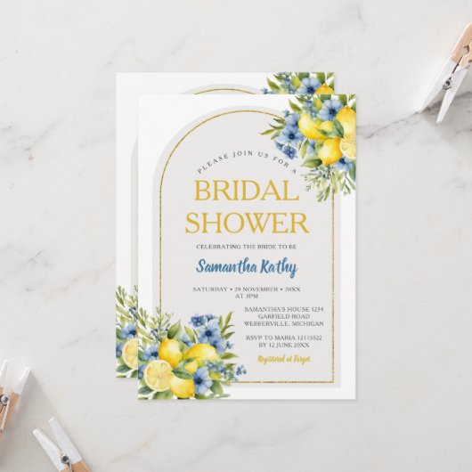 ボホブルーフローラシトラスレモネードブライダルシャワー 招待状 (正面/裏面インサイチュ)