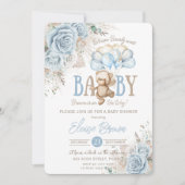 ボホブルーフローラパンパステディベア男の子ベビーシャワー 招待状 (正面)