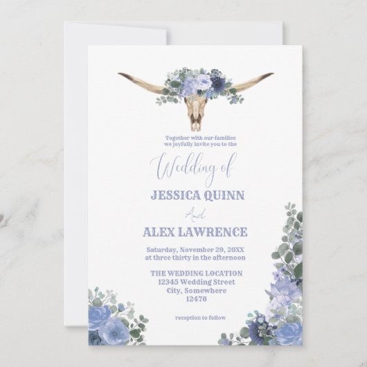 ボホブルーフローラブーツカウボーイウェスタン結婚ズ 招待状 (正面)