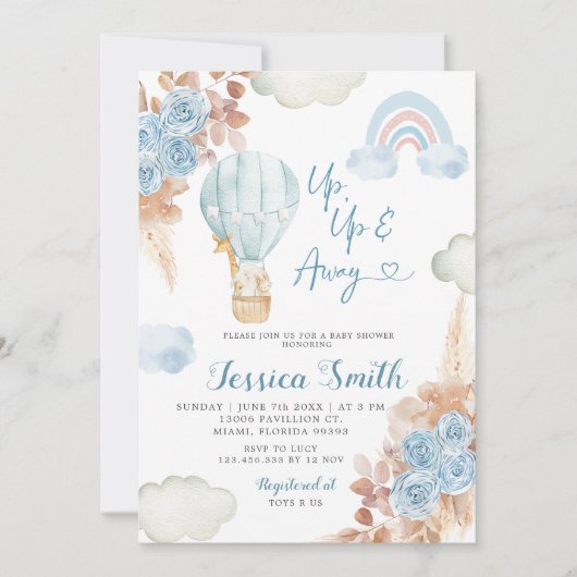 ボホブルーフローラホットエアバルーンベビーシャワー 招待状 (正面)