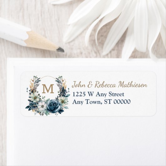 ボホブルーフローラリースモノグラム差出人住所 ラベル (インサイチュ)