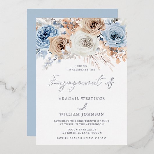 ボホブルーフローラ婚約パーティシルバー 箔招待状 (正面/裏面)