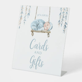 ボホブルーフローラ男の赤ちゃんシャワーゲストブックサイン 台座サイン