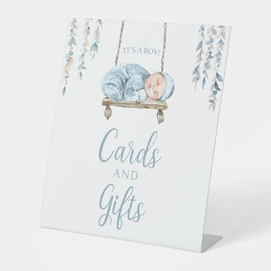 ボホブルーフローラ男の赤ちゃんシャワーゲストブックサイン 台座サイン (正面)