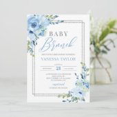 ボホブルーフローラ銀グリッターフレームベビーブランチ 招待状 (スタンド正面)