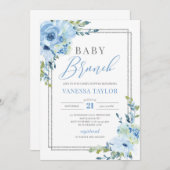 ボホブルーフローラ銀グリッターフレームベビーブランチ 招待状 (正面/裏面)