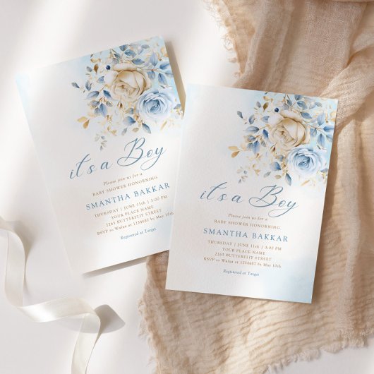 ボホブルーモダンウォーター色フローラ男の子ベイビーシャワー 招待状