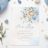 ボホブルーモダンウォーター色フローラ男の子ベイビーシャワー 招待状